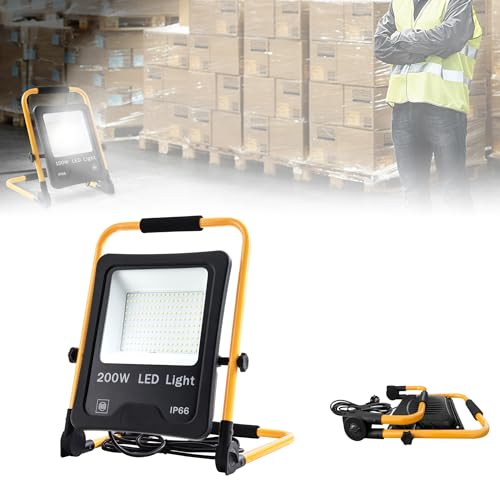 ACXIN Faretto LED da costruzione con supporto, 200 W, 16000 lm, con cavo 3 m e impermeabile, IP66, per garage, giardino, campo sportivo, cantiere, impermeabile, IP66, 200 W, bianco freddo