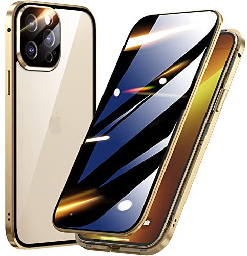 QiiStar Privacy Case for IPhone 12 Pro,Front and Back 360° Full Body Cover Metal Bumper Anti-peeping Screen with Crystal Clear Back Double-sided Tempered Glass Magnetic Case - Gold