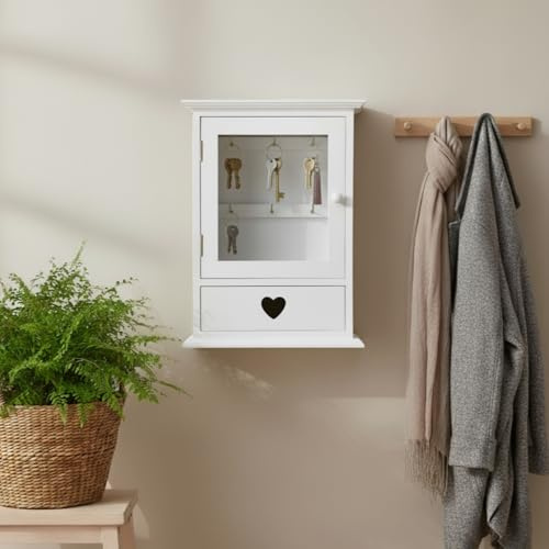Maison Des Cadeaux Schlüsselkasten, Wandmontage, weiß, offenes Glas, 6 Schlüssel, Schlüssellochhalter mit offener Schublade