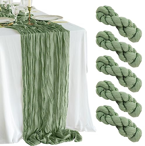 Lot de 5 Chemins de Table en Étamine, Vert Sauge, 3 m - Décoration de Table Romantique pour Fête Prénatale, Prénuptiale et d'Anniversaire