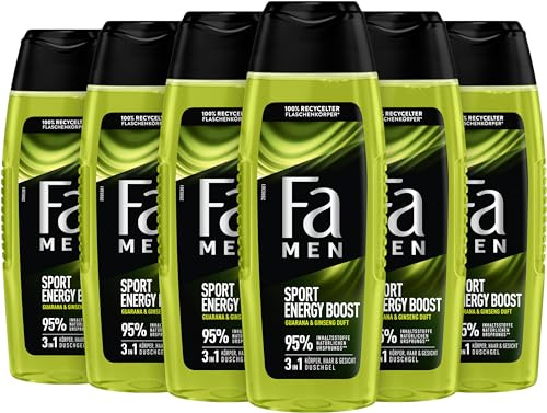 Fa MEN Sport Energy Bosst Double Power Boost Body & Hair (6x 250ml) 3in1 Formel für Körper, Haar & Gesicht, Aktiviere deinen Körtper, Geist & Sinne mit dem erfrischenden Duft von Guarana & Ginseng