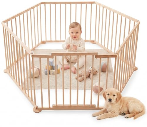 Parque infantil plegable Spec-wood con puerta XXL, 92 x 74 cm, de madera de haya, con seguridad, barrera segura para niños con 6 ángulos