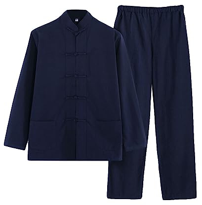 G-LIKE Costume Homme Chinois Arts Martiaux Traditionnels Kung Fu Tai Chi Tangzhuang Classique Manches Longues Chemise Pantalon Uniforme d'Entraînement Ensemble de Survêtement, bleu marine, L