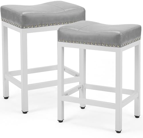 DUMOS Barhocker, gepolstert, 2 Stück, 61 cm, Thekenhöhe, moderner Küchenbarhocker mit Metallbasis, Kunstleder-Hocker für Kücheninsel, Grau