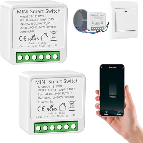 2PC Interrupteur WIFI, Interrupteur Connecté Compatible avec Alexa, Alexa Interrupteure Lampe avec Tuya Smart Life APP, Montage Encastré Dans le Socle, 2 Voies, Conducteur Neutre Nécessaire