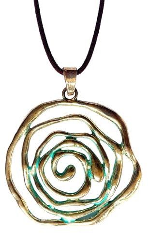 Lange Damenkette mit Spiralen Anhänger in silberfarbener Optik und schwarzem Velourslederband – Handgefertigter Schmuck mit Symbolik – Geschenkidee für Frauen – ASTER ALHELÍ