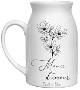 Pot à Lait Personnalisé Mamie d'amour – Céramique Blanche – 450 ml – Cadeau Fête des Grands-Mères – Inscription avec Prénom des Petits-Enfants – Peut Servir de Petit Vase