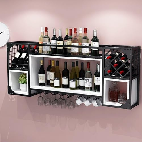 Weinregal Wand Metall Flaschenregal Schmal Bar Regal Wand mit Weinglashalter Wine Rack Barschrank Minibar Vitrine Hängend Weinschrank Getränkeregal Küchenregal für Esszimmer Home Bar ( Color : Nero ,
