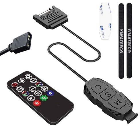 YIMATEECO ARGB Controller, 5V 3-polige ARGB Kontrolleur Eingebauter Lichtmodus SATA-Netzteil mit 14 Key RGB Wireless Fernbedienung für Mainboards ohne 5V, DIY Lüfter, Lichtstreifen
