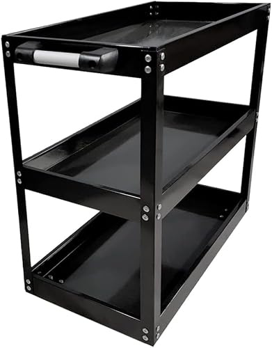 BLUEBRIT 3-Tier Steel Garage Trolley Workshop Cart Sturdy Tool Storage Solution for Your Mechanical Environment Ideal Tool Storage Solution for Your Garage and Mechanical Environment (Black)