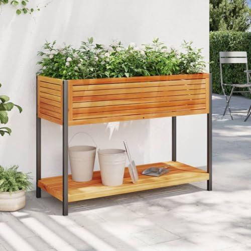 Homgoday Fioriera Grigliato per Giardino, Fioriera con Ripiano 110x45x80 cm in Legno Acacia e Acciaio, Fioriera Grigliato per Giardino, Fioriera da Esterno,Fioriera Balcone