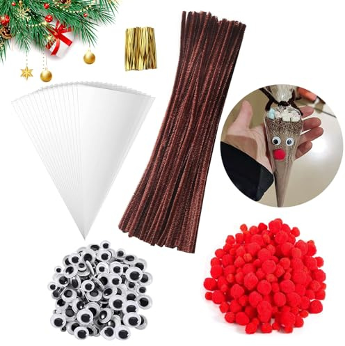 CLHXWU 500 Stück Braune Pfeifenputzer Basteln Set,Chenilledraht Braun,Süßigkeitentüte,Rote Nasen Zum Basteln,Selbstklebende Bastelaugen,Für DIY Weihnachtsgeschenke Handgemacht