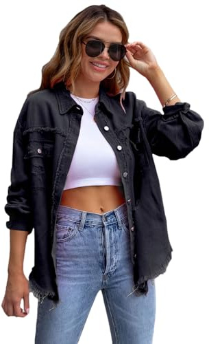 amropi Chaqueta Vaquera para Mujer Blusa Ligero Chaqueta con Bolsillos y Botones Jean Jacket Negro, XL