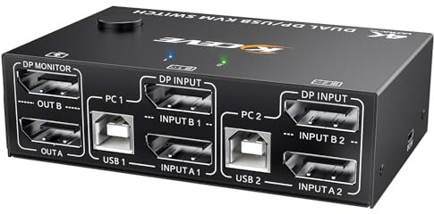 YOUTINGHDAV KVM Switch 2 PC 2 Monitore, Dual Monitor KVM Switch Displayport 4K@144Hz mit 4 USB Ports für 2 PC Teilen Maus Tastatur, Wired Remote