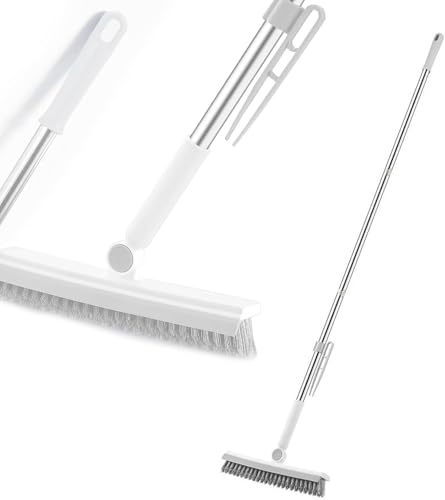 Floor Scrubbing Brush with 57 Adjustable Long Handle,3 in 1 Living Grout Brush with Squeegee,V-Shape Stiff Bristle,Heavy Duty Bathroom Cleaning Tool for Tile,Deck,Patio,Wall,Garage,Kitchen