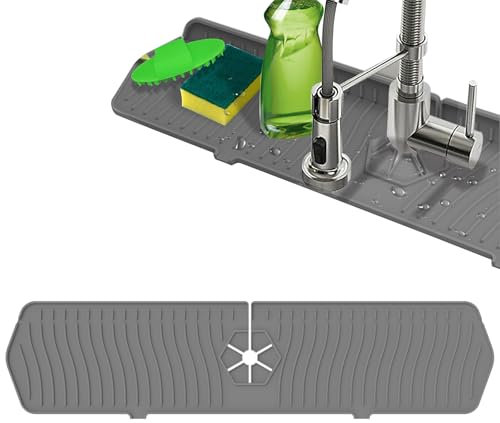 Paraschizzi per Lavello da 61cm, Tappetino di Drenaggio in Silicone per Lavello Maniglia del Rubinetto Vassoio Raccogligocce, Protezioni per Lavello per L'organizzazione del Bagno della Cucina, Grigio