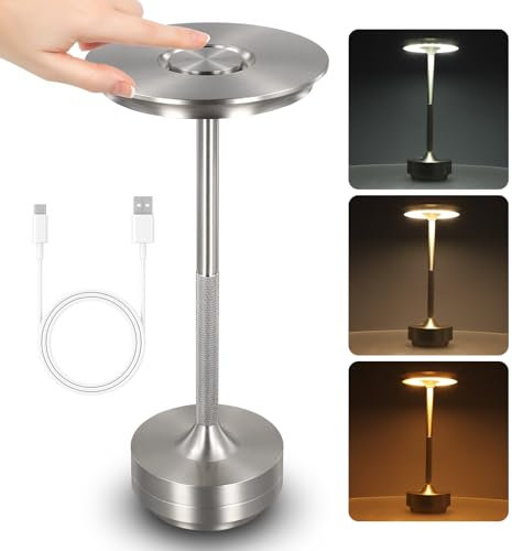 Cordless Touch Control Table Lamps, 2000mAh USB Rechargeable LED Desk Light, 3 Colors Stepless Dimming, Portable Night Light for Room Decoration Bedroom Bar Restaurant Outdoor Camping, Silver
