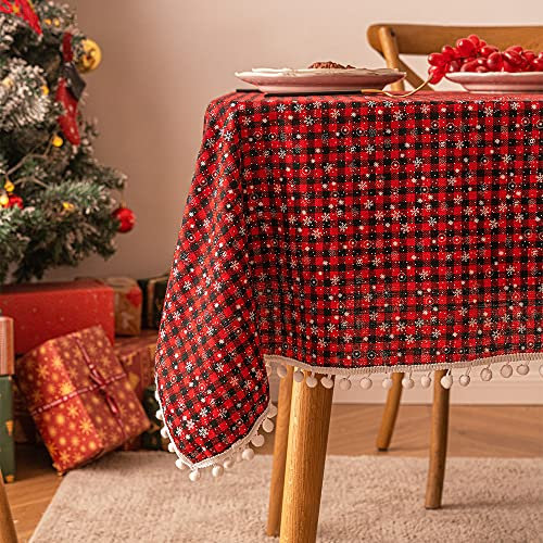 Tischdecke Weihnachten, Rot Kariert Weihnachtstischdecke mit Schneeflocke und Schneeball, Weihnachtsdeko Tischdecke Rechteckig, Weihnachtstischdecken für Tischdeko Weihnachten Deko (A, 100x135 cm)