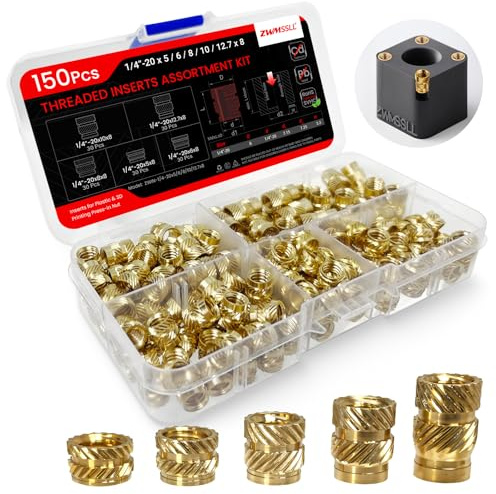 ZWMSSLL 1/4-20x5/6/8/10/12.7x8 Threaded Inserts-150 Pieces Assortment Box-Heat-Set Insert Brass Knurled Nuts for 3D Printing Components and Plastic Parts