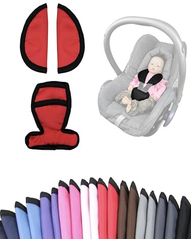 Gurtpolster [Polster-Set für Babyschalen] Autositze Kinderwagen kompatibel mit Maxi Cosi Cabrio Fix Schulterpolster Set 3 Pads Gurtbezüge (Rot)