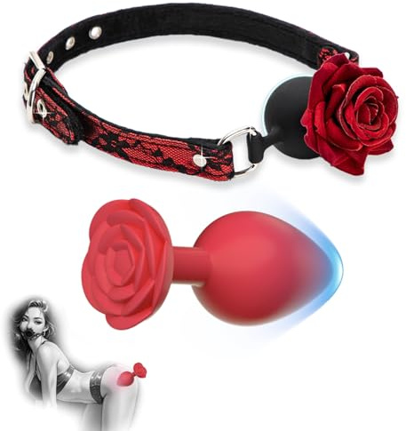 2 Pack Sexy Rose Ball Mouth Gag & Silicone Anal Butt Plugs Stimulation Anal Training Set Adjutable Leahter BDSM Strap Sex Toys for Women Female Adult Couples SM Games Foreplay Set of 2