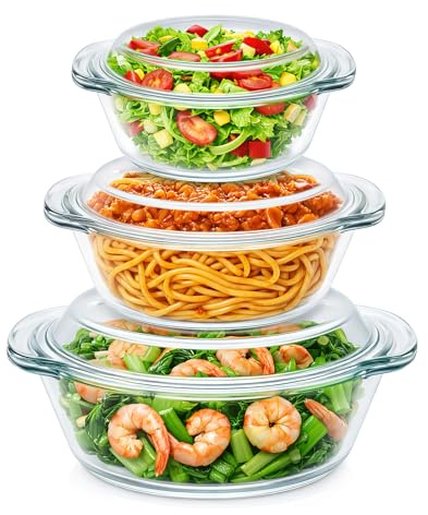 3 Piece Clear Glass Casserole Dishes for Oven With Lids, Durable Tempered Borosilicate Glass Bakeware Set, Microwave Safe, 3 Round Sizes for Cooking, Serving