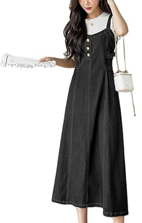 Vestito Casual In Denim Da Donna con Elastico In Vita e Lacci, Salopette Estiva con Grembiule, Taglie Forti, Vintage, con Bretelle, Gonne Lunghe In Denim, Salopette In Jeans Lavato, Nero, Taglia S
