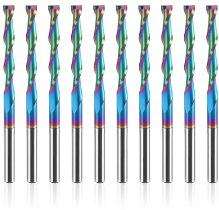 BFVV 10 Pcs 1/8 inch Shank CNC Up-Cut Router Bits, 2 Flutes Spiral Solid Carbide End Mill with DLC Coating, CNC Milling Cutters for Precision Wood Carving Applications