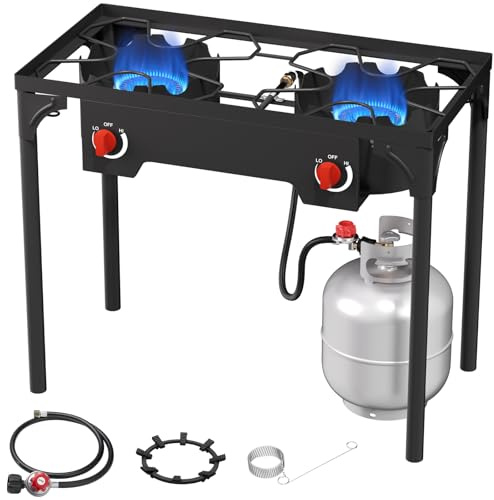 ADREAK 2 Burner Gas Stove, High Pressure Outdoor Propane Burner with Detachable Legs, 150,000 BTU Camping Stove Outdoor Burner with 0-20 PSI Regulator for Camping, Backyard, Outdoor Cooking