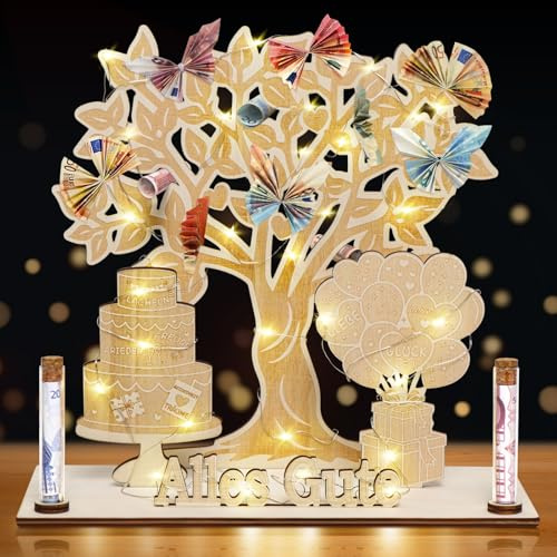 FTUREERA Geldgeschenke Geburtstag, Geldbaum Geschenk mit LED-Lichterkette, Geldgeschenk Hochzeit, Geldgeschenke Verpackung aus Holz, Lebensbaum Geldgeschenk für Männer Frauen Brautpaare