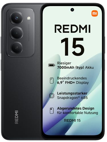 XIAOMI REDMI 15 - Smartphone de 6+128GB, Cámara Dual de 50MP con AI, Pantalla inmersiva de 6,9” FHD+, Snapdragon 685, Carga rápida de 33W, Cargador no Incluido, Negro (Versión ES)