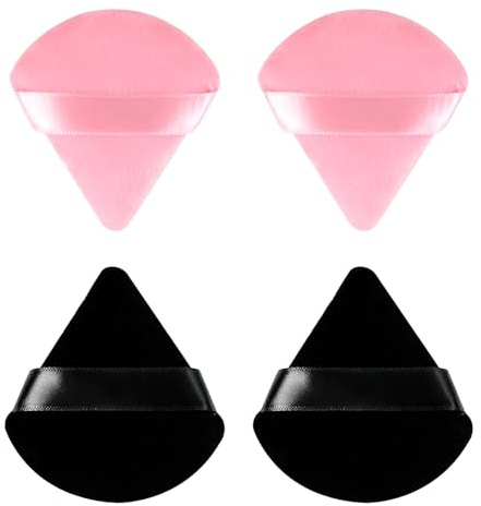 Funalix 4 Piezas Borlas Maquillaje Triangulares, Powder Puff, Triangle Esponja de Maquillaje para Polvos Sueltos, Base Líquida y Maquillaje en Húmedo o Seco (2 Negros + 2 Rosas)