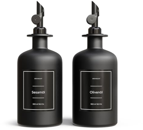 Greymount ® Essig und Ölflaschen Set - 2er Pack Ölspender 500ml | Ölflasche aus Glas mit Ausgießer Schwarz für Olivenöl, Essig und mehr | Perfekt für Kochen, Salate und BBQ