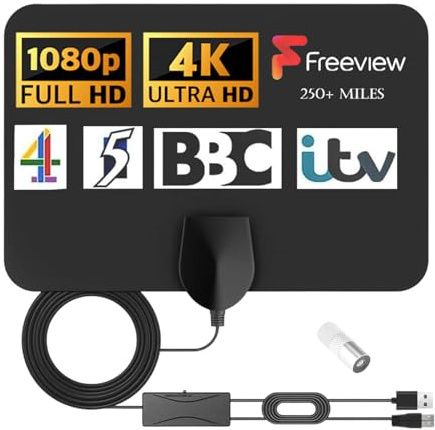 TV Aerial Indoor, Long Range 250+ Miles, Amplified HD TV Digital Antenna with Signal Booster, Supports 4K & 1080P HDTV, 16.4ft Coaxial Cable, for Freeview TV