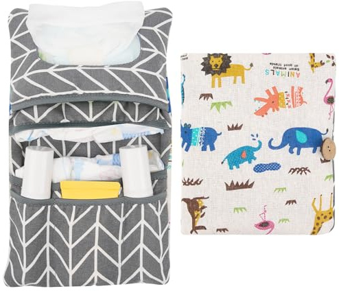 Windeltaschen Organizer, Wickelunterlage klein und Kosmetiktasche 2in1 für unterwegs Kleine Windeltasche, Baby Windeltasche zum Aufbewahren von Windeln und Feuchttüchern(Beige(Tiere))