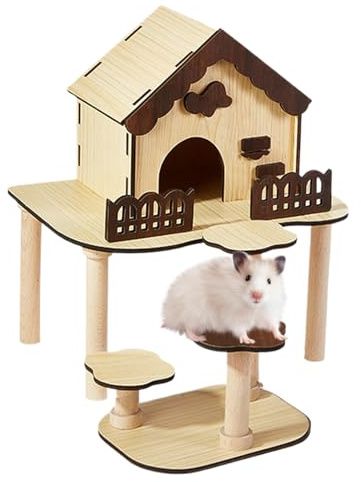 Bohany Maison en Bois pour Hamster,Cabane en Bois Ours Doré avec Échelle d'escalade | Accessoires De Cage Debout Lit Jouets D'Exploration pour Élevage Enrichissement Jeu Maison Intérieur Sommeil