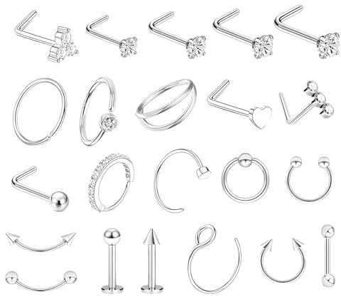 aieieii 22 Pcs L-Shape Nose Studs Silver, Classic Nose Rings Silver, Multiple Sizes Noses Hoops Silve Body Piercing Jewellery Helix Cartilage Earrings for Women Men