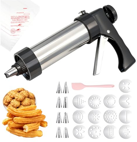 Solivive Gebäckpresse für Spritzgebäck Edelstahl, Spritzgebäck Presse mit 13 Schablonen,8 Tüllen,10 Spritzbeutel und Butterschaber zum Herstellen von Dekorativen Kuchen und Selbstgemachten Keksen