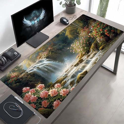 Gaming Mauspad 1200x600x3mm Gaming Mousepad XXL Fallen Grün Mauspad Schreibtischauflage, Genähte Kanten Mausmat, rutschfeste Gummibasis, Schreibtisch Schutz für Home Büro, Geschenke PjY9848 7-N