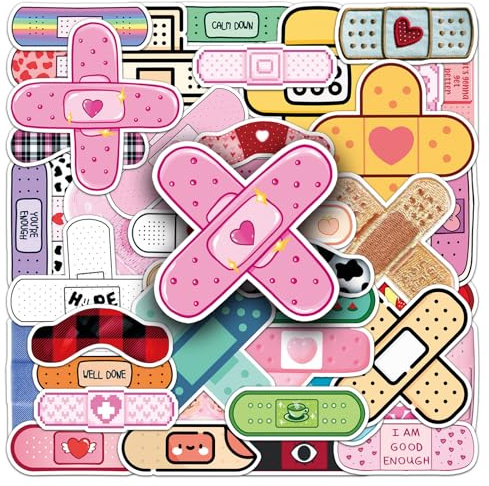 50PCS Cartoon Band aid Sticker for Computer,Notebook,Laptop,Water Bottle,Bumper,Motorcycle,Suitcase,Helmet,Bandage Cute Waterproof Vinyl Sticker,Teens Adults Girls Decal,Aesthetic Graffiti Decals
