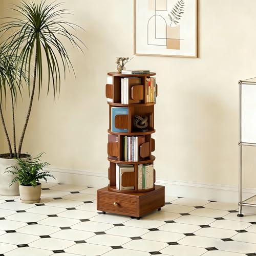Esspoxi Mobiler Bücherturm Aus Echtholz, 360° Drehbares Rundregal Mit Boden-Schublade, Platzsparende Aufbewahrungssäule Auf Rollen Für Nischen & Ecken (Mehrere Farben & Höhen)(Walnut,4-Tier)