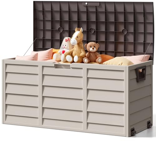 The Fellie Garden Storage Box with Wheels, 290L Lockable Garden Storage Boxes Waterproof, Plastic Outside Storage Box for Gardening Tools, Cushions, Toys, 112x49x54cm, Cream