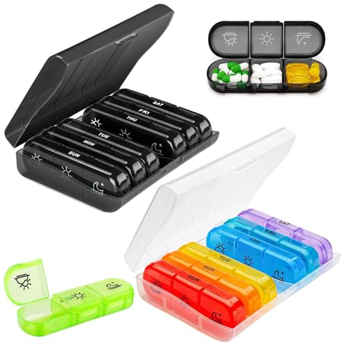 YOUNGSAY 2 Set Tablettenbox 7 Tage Morgens Mittags Abends, Einfachem Offenem Medikamentenbox 7 Tage mit 3 Fächer für Medikamente, Vitamine und Fischöl (Schwarz + Bunt)
