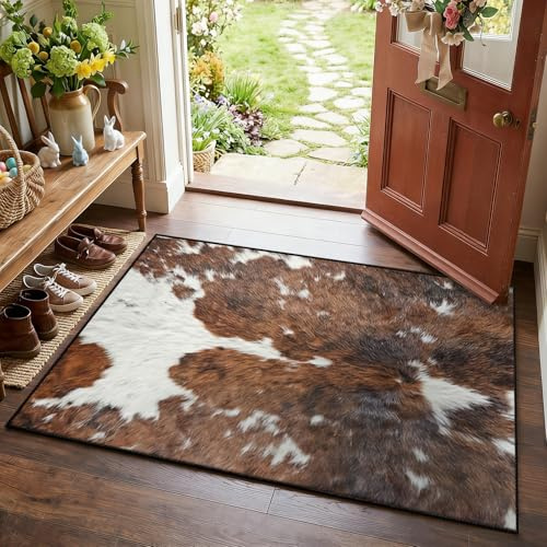 YAKINOE Cow Print Area Rug 80x150cm Rustic Western Cowhide Print Rug, Farmhouse Animal Print Carpet, Brown White Western Cow Fur Rugs for Living Room Bedroom Washable Low-Pile Floor Mat(Not Real)