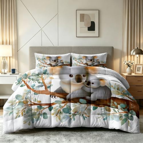 Påslakan 135 x 200 cm tecknade djur sängkläder set täcke för barn flickor, koala eukalyptusgrenar året runt täcke 4 årstider – mjukt och bekvämt täcke utan överdrag med 2 örngott