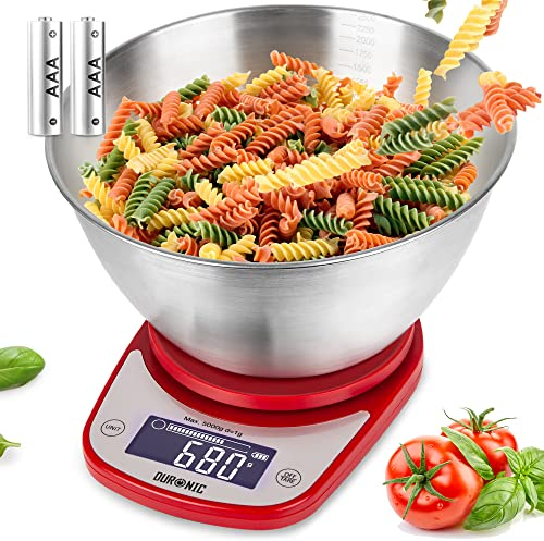Duronic KS5000RD/SS Digital Kitchen Scales Electronic Kitchen Scale with Bowl Measuring Weighing Scales Baking Scale for Cooking Baking Postal Pet Food Measurement Baker Weight