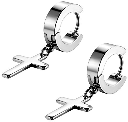 Flongo Pendientes Aro Acero Inoxidable: Pendientes Redondo Colgante Cruz Retro Acero Inoxidable para Hombre y Mujer