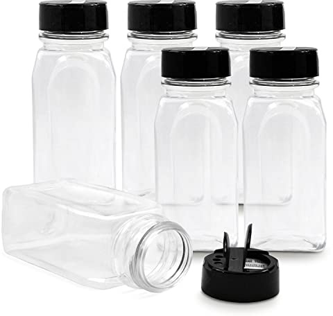 RoyalHouse - 6 Pack 14 Oz Plastic Spice Jars with Black Cap, Clear and Safe Plastic Bottle Containers with Shaker Lids for Storing Spice, Herbs and Seasoning Powders, BPA Free, Made in USA