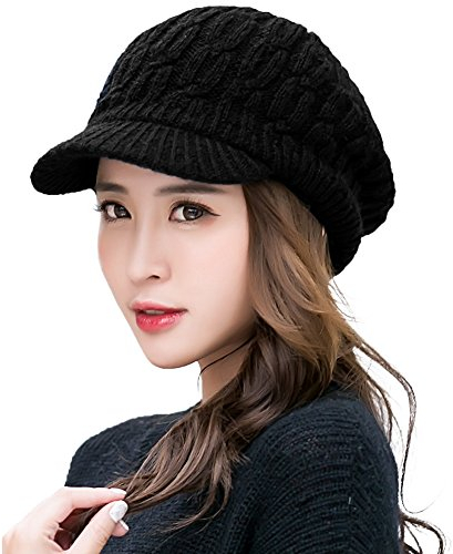 Comhats 50% Wolle Winter Schirmmütze Damen Strickmütze mit Schirm Warme Beanie Skimütze Outdoor Schwarz