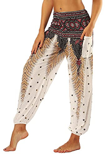 Nuofengkudu Dam haremsbyxor, hippie, säckiga, boho-mönstrade, high waist, smocked waist, low crotch, lounge wide, byxor för yoga, sommar, strand